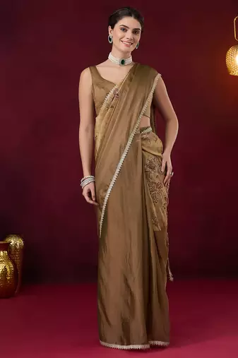 Aari work floral silk blend ready to wear saree