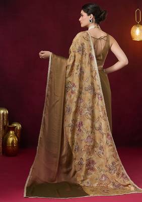 Aari work floral silk blend ready to wear saree 3