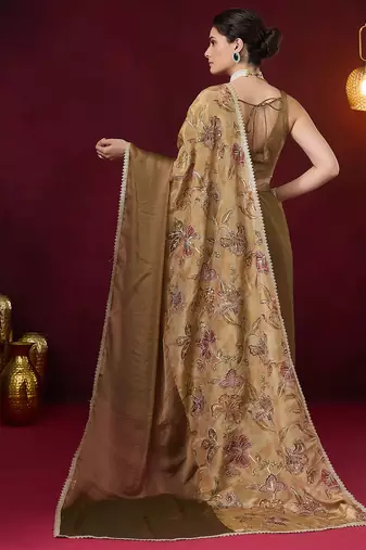 Aari work floral silk blend ready to wear saree