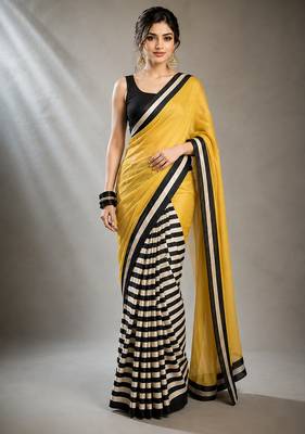 Yellow satin printed border ready to wear saree 1