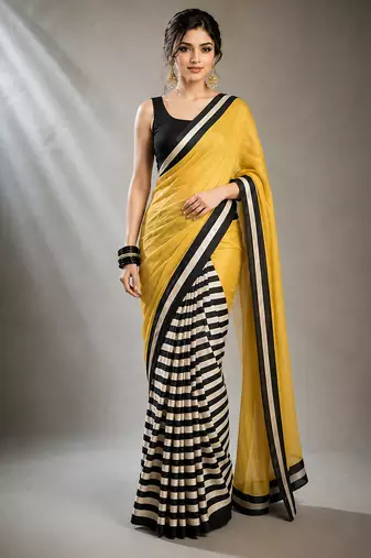 Yellow satin printed border ready to wear saree