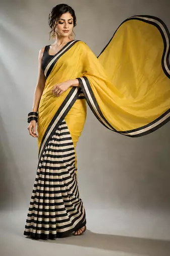 Yellow satin printed border ready to wear saree