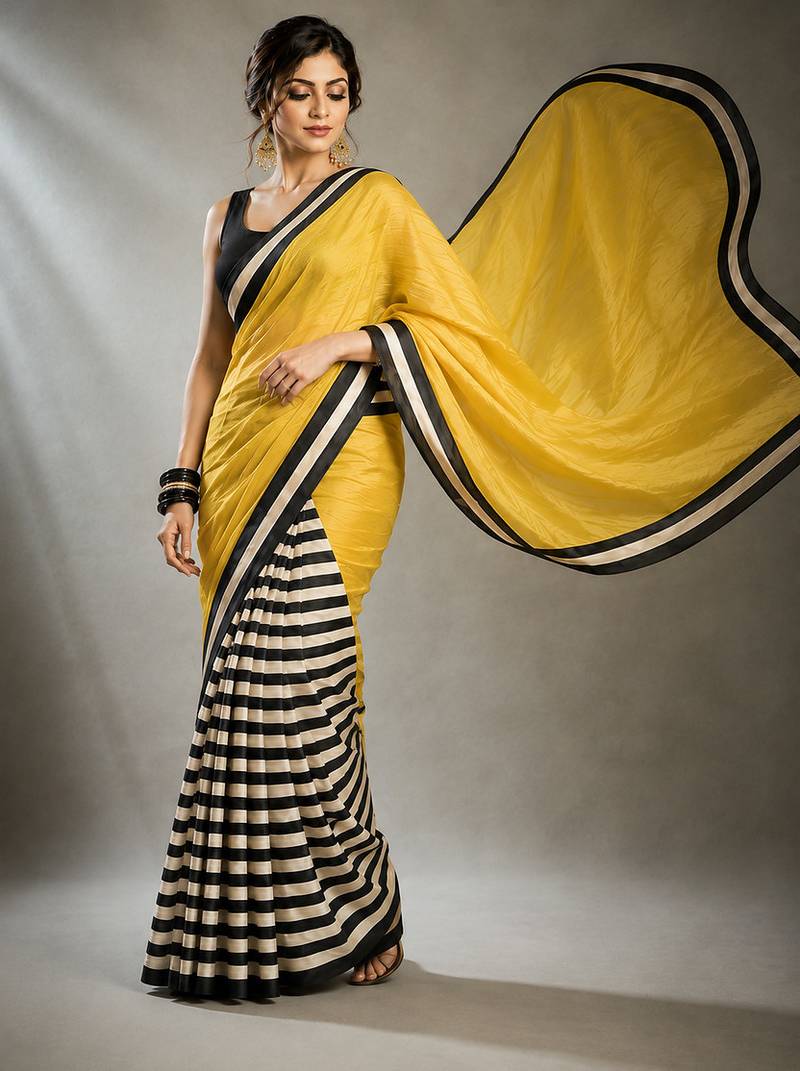 Yellow satin printed border ready to wear saree