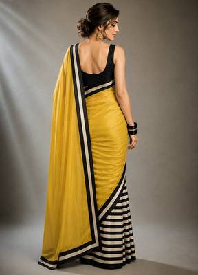 Yellow satin printed border ready to wear saree 3