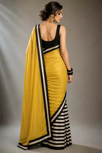 Yellow satin printed border ready to wear saree