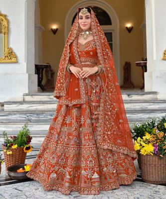 Rust Premium Silk Bridal Lehenga Choli with Double Dupatta, Zardozi & Hand Embroidery 1