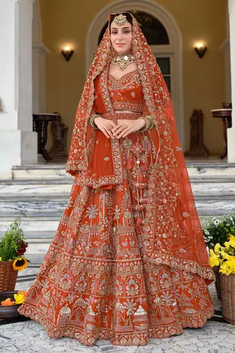 Rust Premium Silk Bridal Lehenga Choli with Double Dupatta, Zardozi & Hand Embroidery