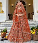 Rust Premium Silk Bridal Lehenga Choli with Double Dupatta, Zardozi & Hand Embroidery