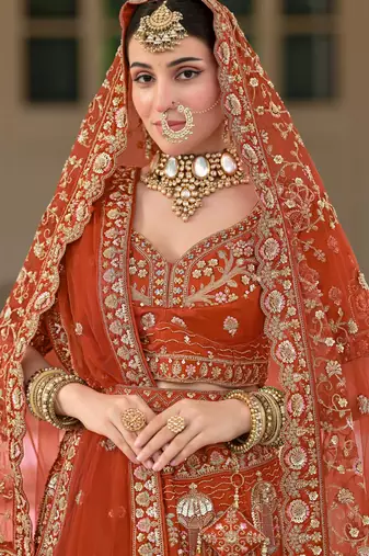 Rust Premium Silk Bridal Lehenga Choli with Double Dupatta, Zardozi & Hand Embroidery