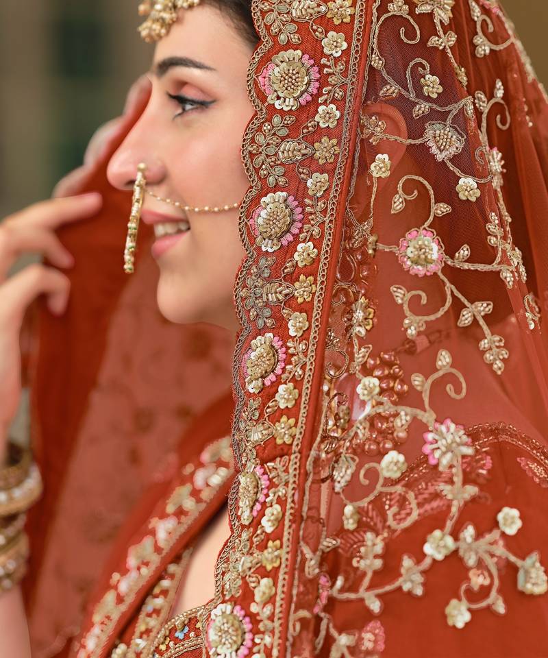 Rust Premium Silk Bridal Lehenga Choli with Double Dupatta, Zardozi & Hand Embroidery