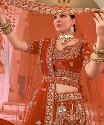 Rust Premium Silk Bridal Lehenga Choli with Double Dupatta, Zardozi & Hand Embroidery 4