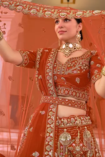 Rust Premium Silk Bridal Lehenga Choli with Double Dupatta, Zardozi & Hand Embroidery