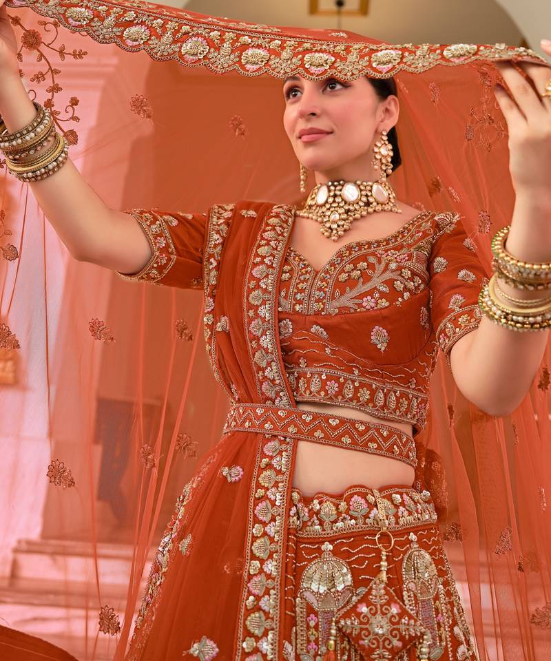 Rust Premium Silk Bridal Lehenga Choli with Double Dupatta, Zardozi & Hand Embroidery