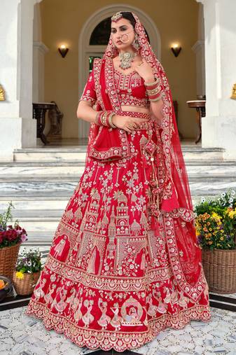 Red Premium Silk Bridal Lehenga Choli with Double Dupatta, Zardozi & Hand Embroidery