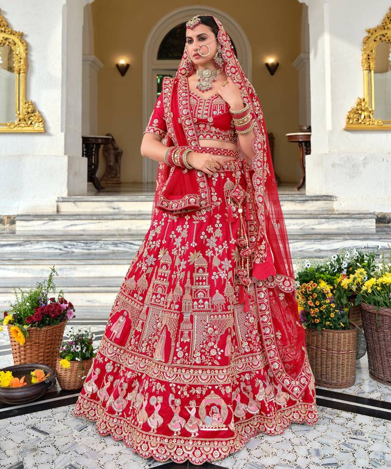 Red Premium Silk Bridal Lehenga Choli with Double Dupatta, Zardozi & Hand Embroidery