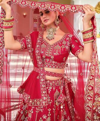 Red Premium Silk Bridal Lehenga Choli with Double Dupatta, Zardozi & Hand Embroidery 2