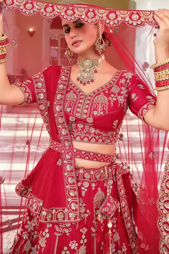 Red Premium Silk Bridal Lehenga Choli with Double Dupatta, Zardozi & Hand Embroidery