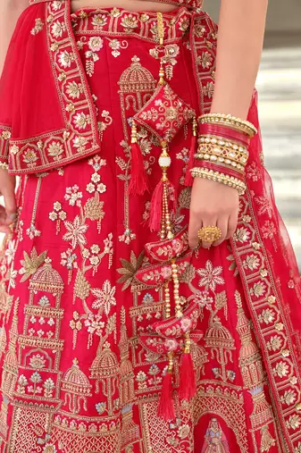 Red Premium Silk Bridal Lehenga Choli with Double Dupatta, Zardozi & Hand Embroidery