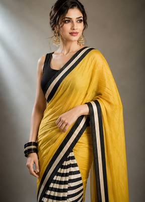 Yellow satin printed border ready to wear saree 4