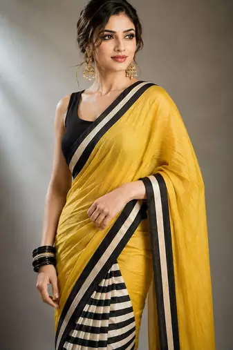 Yellow satin printed border ready to wear saree