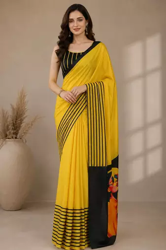 Satin quirky striped printed pre-draped saree