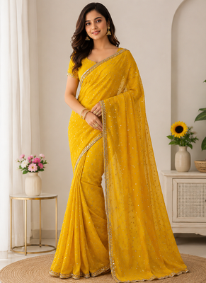 Yellow Color Beads Handwork Silk Blend Saree 1