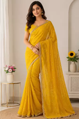 Yellow Color Beads Handwork Silk Blend Saree
