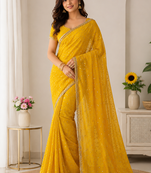 Yellow Color Beads Handwork Silk Blend Saree