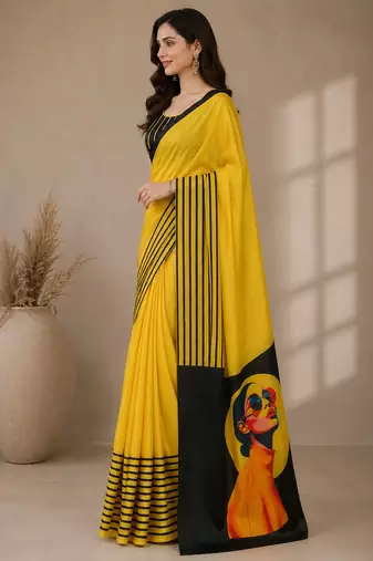 Satin quirky striped printed pre-draped saree