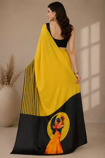 Satin quirky striped printed pre-draped saree
