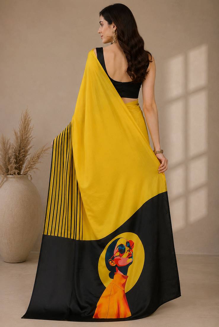 Satin quirky striped printed pre-draped saree