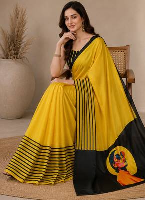 Satin quirky striped printed pre-draped saree 4