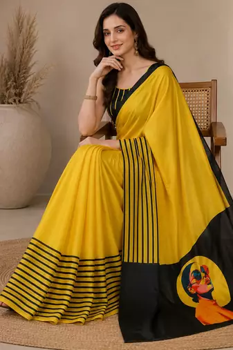 Satin quirky striped printed pre-draped saree