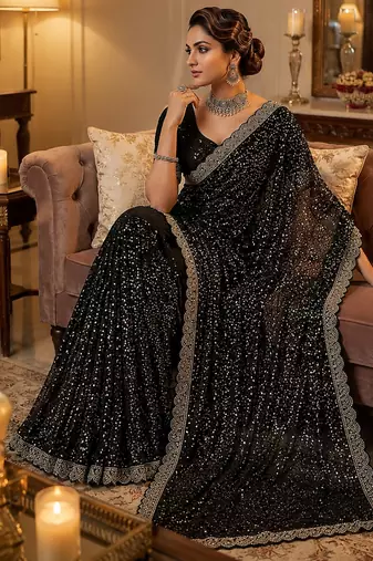Black Beads And Thred Work Net Saree