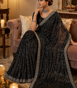 Black Beads And Thred Work Net Saree