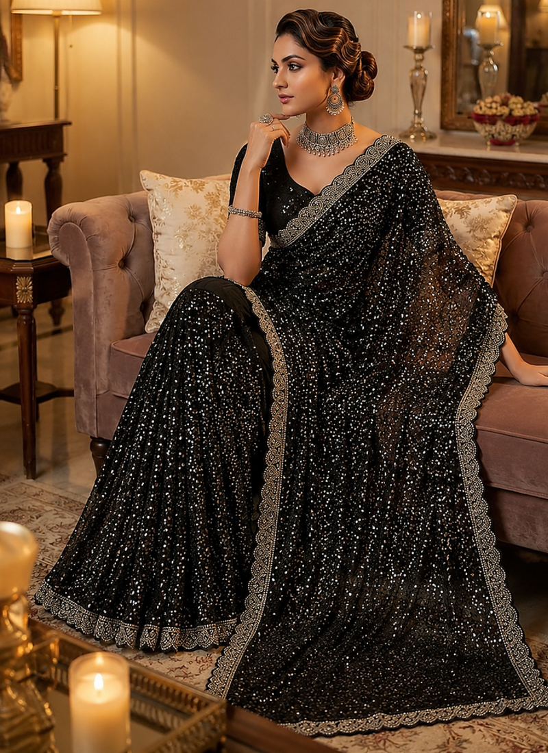 Black Beads And Thred Work Net Saree