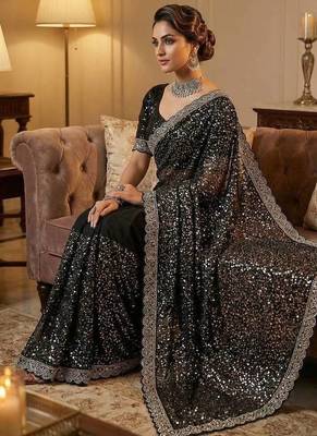 Black Beads And Thred Work Net Saree 2
