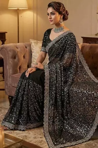 Black Beads And Thred Work Net Saree