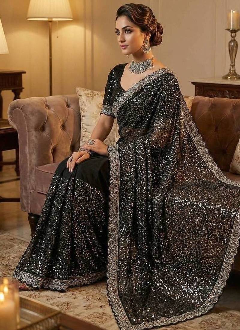 Black Beads And Thred Work Net Saree