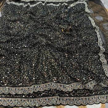 Black Beads And Thred Work Net Saree 3
