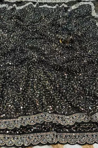 Black Beads And Thred Work Net Saree