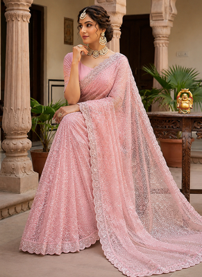 Pink Color Beads And Thred Work Net Saree 1
