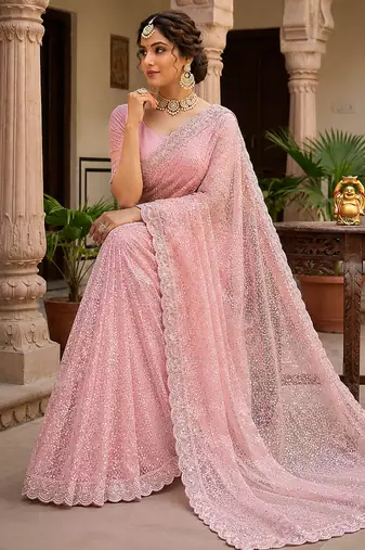 Pink Color Beads And Thred Work Net Saree