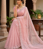 Pink Color Beads And Thred Work Net Saree