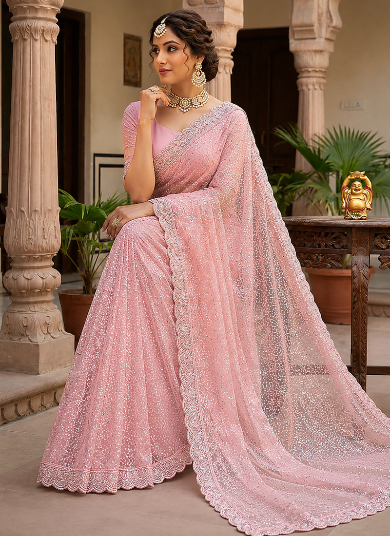 Pink Color Beads And Thred Work Net Saree