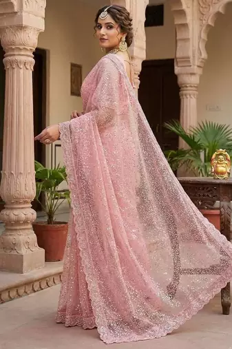 Pink Color Beads And Thred Work Net Saree