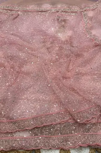 Pink Color Beads And Thred Work Net Saree