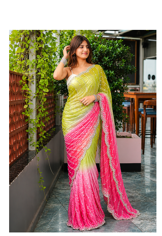 Parrot Green And Pink Color Handwork And Sequence Work Satin Saree 1