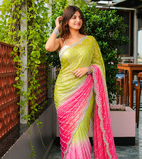 Parrot Green And Pink Color Handwork And Sequence Work Satin Saree