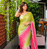 Parrot Green And Pink Color Handwork And Sequence Work Satin Saree